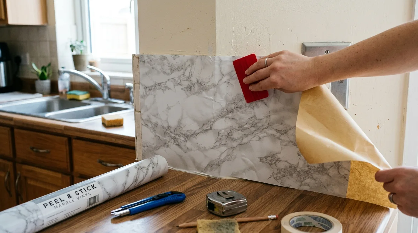 Marble effect contact paper backsplash DIY setup
